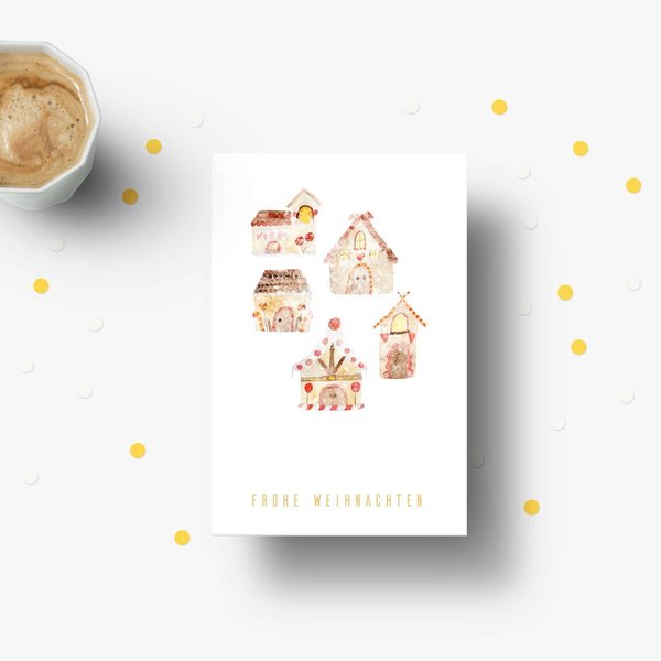Weihnachtskarte „Verschneite Lebkuchenhäuser“ • DIN A6 • Illustration • Weihnachten