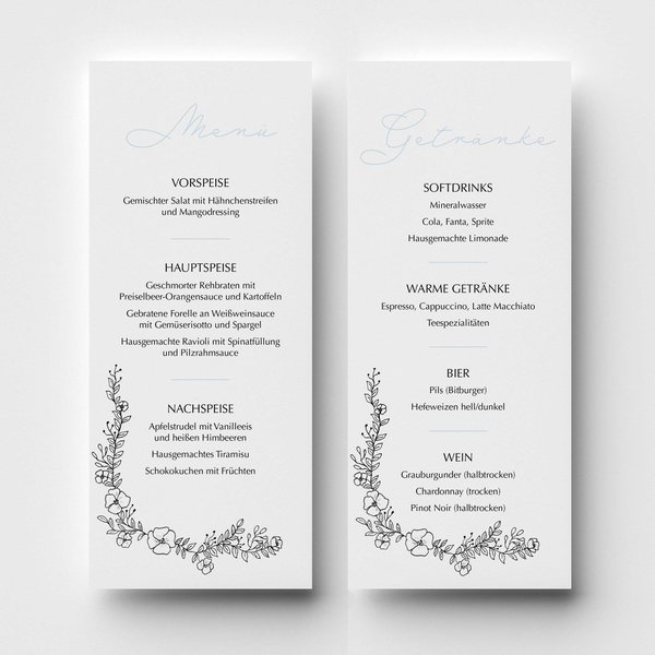 25x Menükarte Hochzeit „Blumenranke“ • DIN Lang • personalisierbar